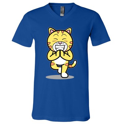 Funny Cat Doing Yoga Gift Cute Kitten Fitness Animal Gift V-Neck T-Shirt