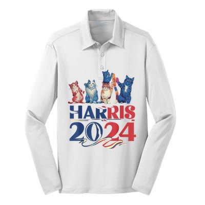 Funny Cat Design Kamala Harris 2024 Childless Cat Lady Silk Touch Performance Long Sleeve Polo