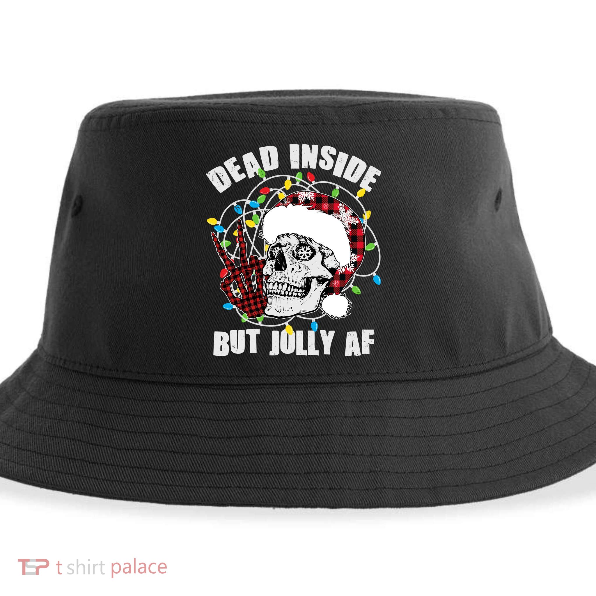 Funny Christmas Dead Inside But Jolly AF Peace Out Skull Sustainable Bucket Hat