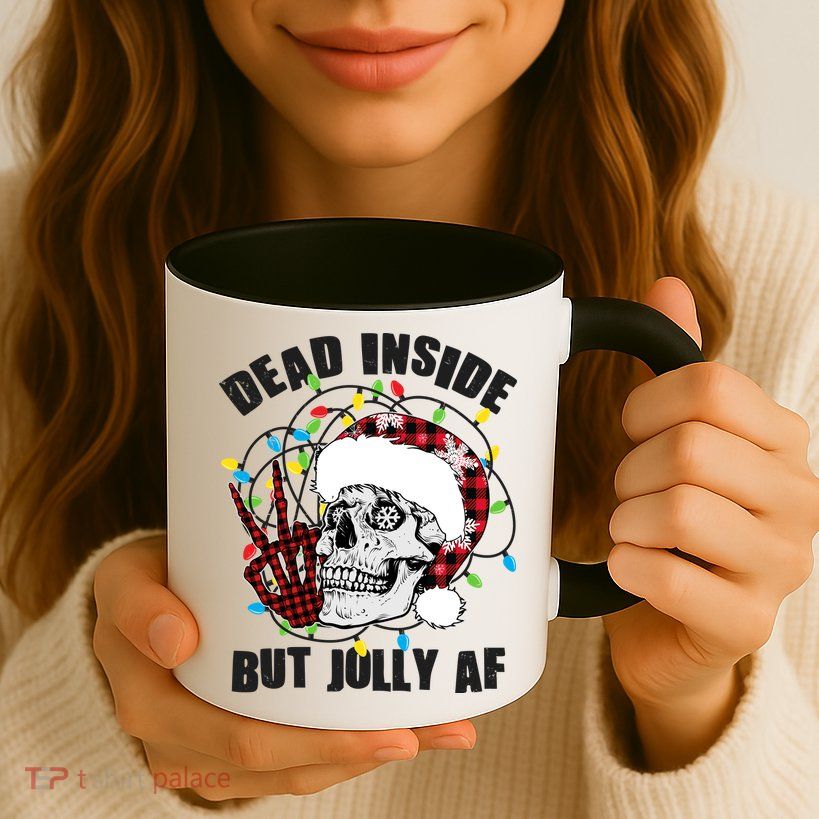 Funny Christmas Dead Inside But Jolly AF Peace Out Skull Mug