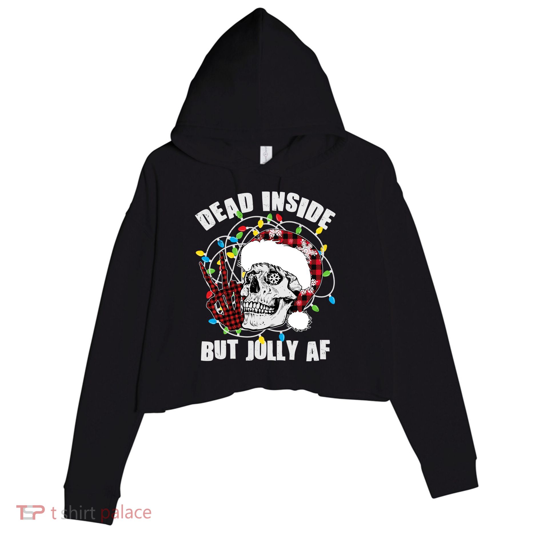 Funny Christmas Dead Inside But Jolly AF Peace Out Skull Crop Fleece Hoodie