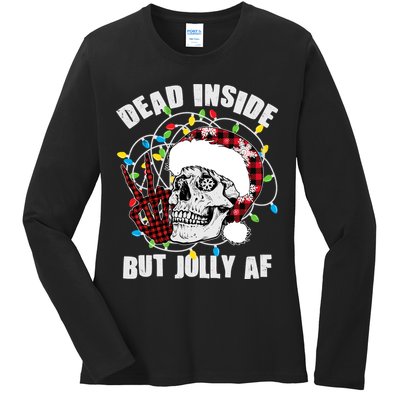 Funny Christmas Dead Inside But Jolly AF Peace Out Skull Ladies Long Sleeve Shirt