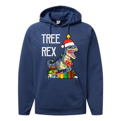 Funny Christmas Dinosaur Tcool Giftrex Tree Rex Santa Hat Lights Cool Gift Performance Fleece Hoodie