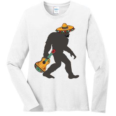 Funny Cinco De Mayo Bigfoot Mexican Guitar Cinco De Mayo Ladies Long Sleeve Shirt