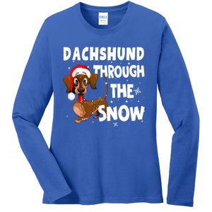 Funny Christmas Dachshund Dog Through The Snow Cool Gift Ladies Long Sleeve Shirt