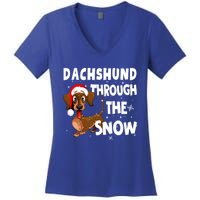 Funny Christmas Dachshund Dog Through The Snow Cool Gift Women's V-Neck T-Shirt