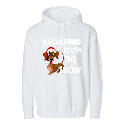 Funny Christmas Dachshund Dog Through The Snow Cool Gift Garment-Dyed Fleece Hoodie