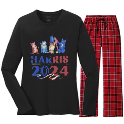 Funny Cat Design Kamala Harris 2024 Childless Cat Lady Gift Women's Long Sleeve Flannel Pajama Set 