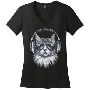 Funny Cat Dj Black Art Festival Concert Music Band Women's V-Neck T-Shirt