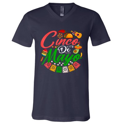 Fiesta Cinco De Mayo Mexican Maracas Tacos Avocado Sombrero V-Neck T-Shirt