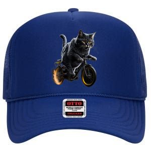 Funny Cat Drives Bicycle Cat Lover Graphic Cats Kitten Lover High Crown Mesh Back Trucker Hat