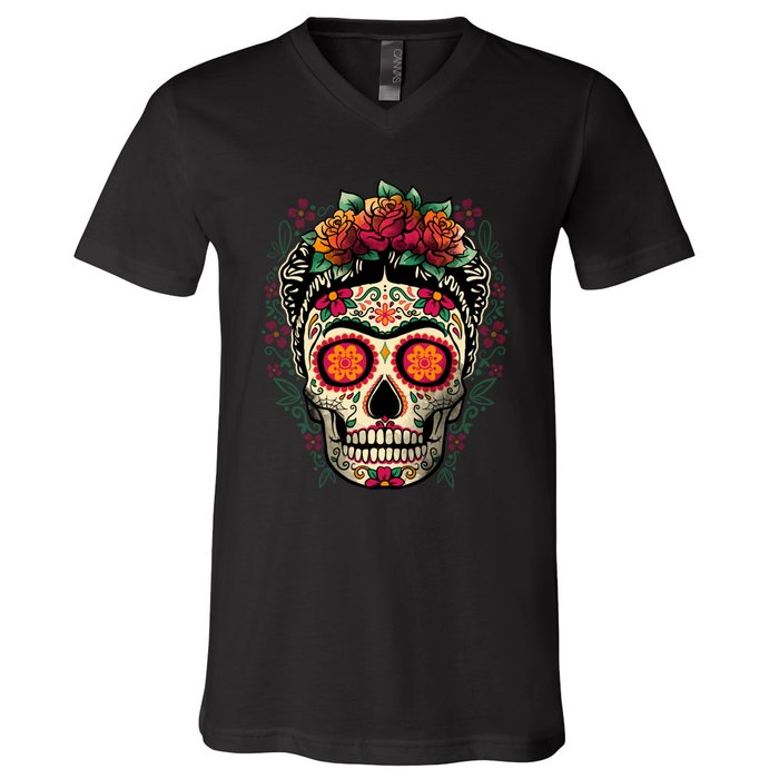 Frida Calavera Dia De Los Muertos Day Of The Dead V-Neck T-Shirt