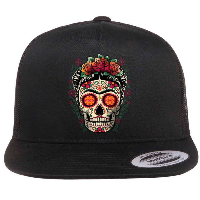 Frida Calavera Dia De Los Muertos Day Of The Dead Flat Bill Trucker Hat