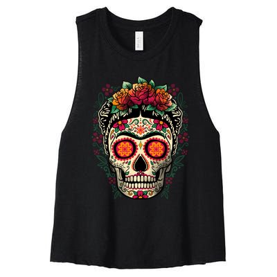 Frida Calavera Dia De Los Muertos Day Of The Dead Women's Racerback Cropped Tank