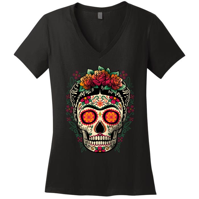 Frida Calavera Dia De Los Muertos Day Of The Dead Women's V-Neck T-Shirt