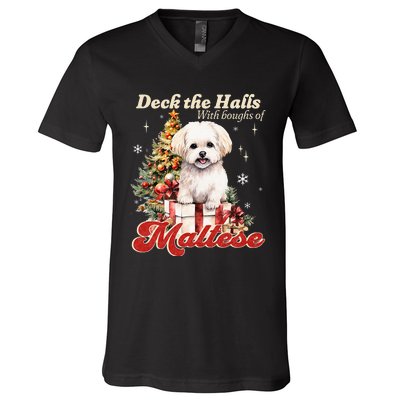 Funny Cute Deck The Halls With Boughs Of Maltese V-Neck T-Shirt