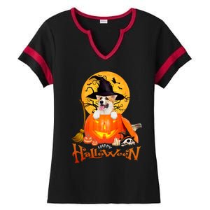 Funny Corgi Dog Spooky Halloween Ladies Halftime Notch Neck Tee