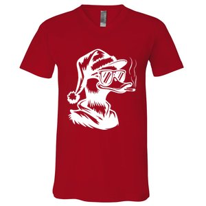 Funny Cool Duck Gangs Smoking Wearing Glasses Santa Hat Christmas Xmas V-Neck T-Shirt