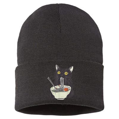 Funny Cat Eating Ramen Vintage Japanese Noodles Sustainable Knit Beanie