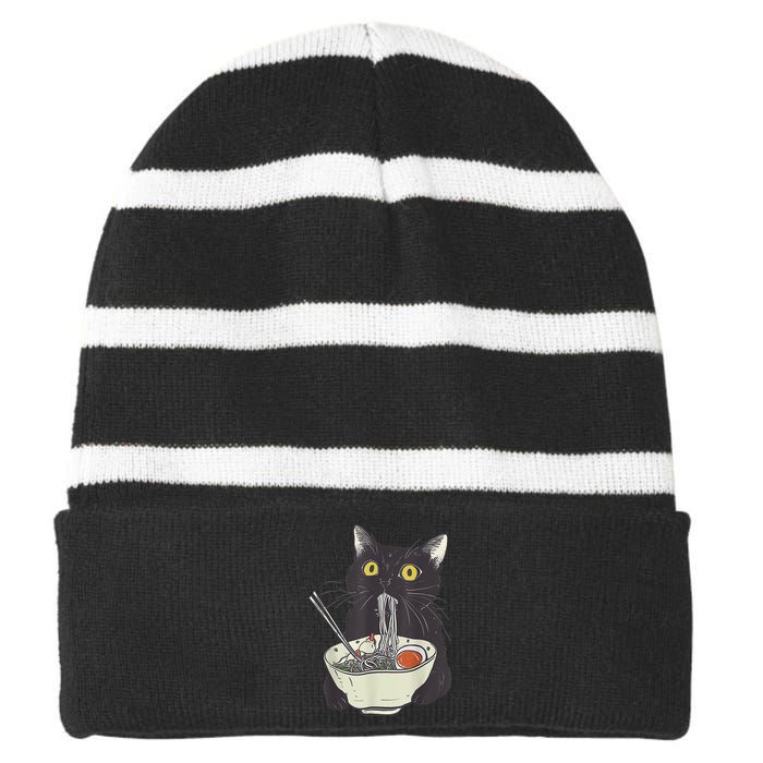 Funny Cat Eating Ramen Vintage Japanese Noodles Striped Beanie with Solid Band