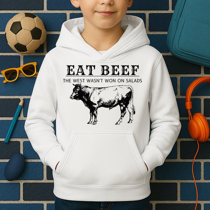 Funny Cow Eat Beef the West Wasn't Won on Salads Farm Cattle Kids Hoodie