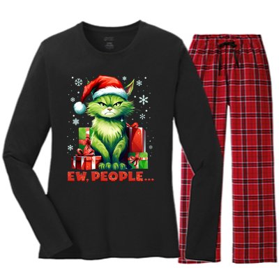 Funny Cat Ew People Christmas Xmas Santa Gift Women's Long Sleeve Flannel Pajama Set 