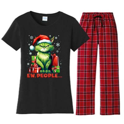 Funny Cat Ew People Christmas Xmas Santa Gift Women's Flannel Pajama Set