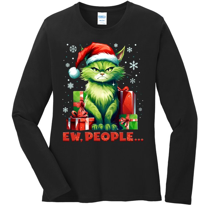 Funny Cat Ew People Christmas Xmas Santa Gift Ladies Long Sleeve Shirt