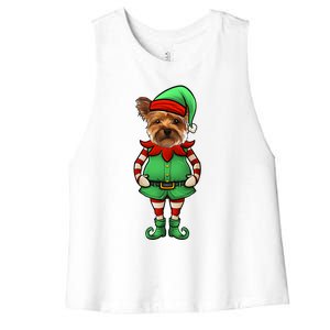 Funny Christmas Elf Yorkshire Terrier Dog Yorkie Cute Gift Women's Racerback Cropped Tank