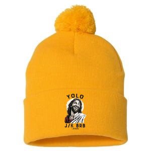 Funny Christian Easter Jesus YOLO JK BRB Raglan Pom Pom 12in Knit Beanie