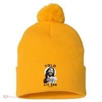 Funny Christian Easter Jesus YOLO JK BRB Raglan Pom Pom 12in Knit Beanie