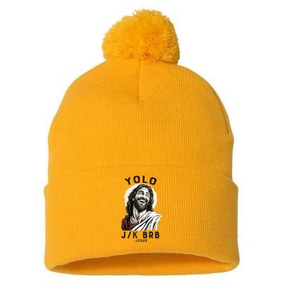 Funny Christian Easter Jesus YOLO JK BRB Raglan Pom Pom 12in Knit Beanie