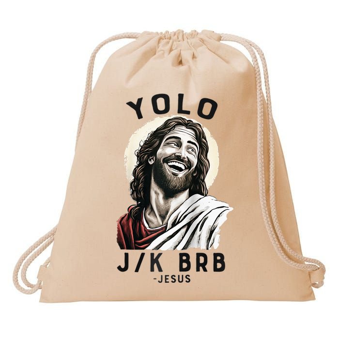 Funny Christian Easter Jesus YOLO JK BRB Raglan Drawstring Bag