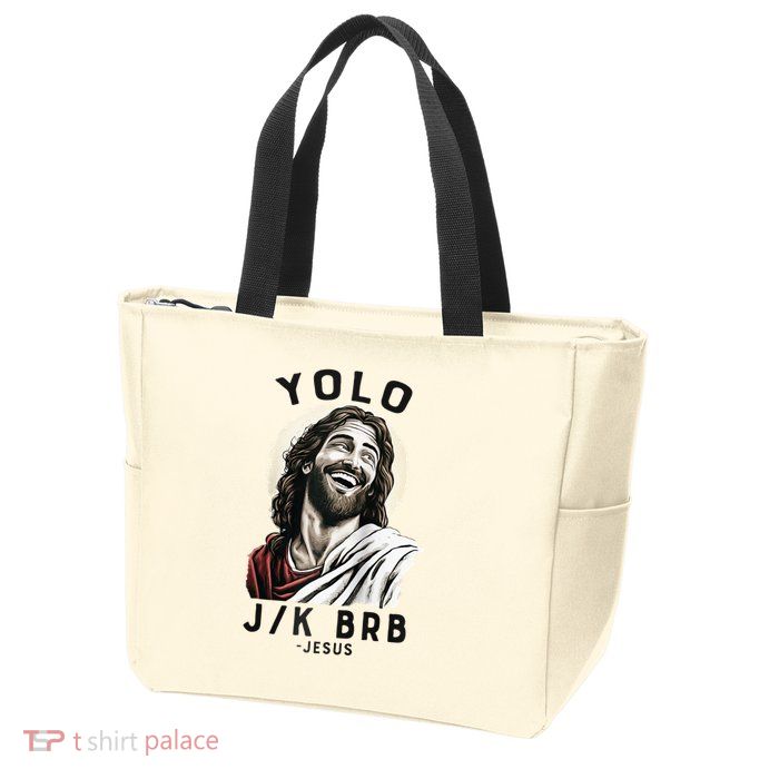 Funny Christian Easter Jesus YOLO JK BRB Raglan Zip Tote Bag