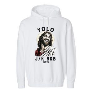 Funny Christian Easter Jesus YOLO JK BRB Raglan Garment-Dyed Fleece Hoodie