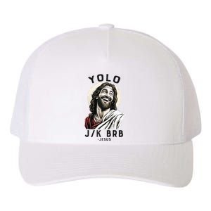 Funny Christian Easter Jesus YOLO JK BRB Raglan Yupoong Adult 5-Panel Trucker Hat