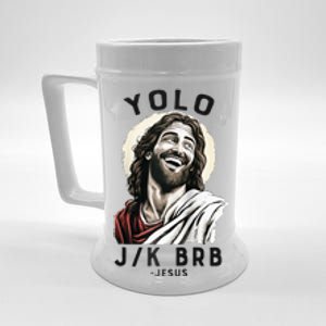 Funny Christian Easter Jesus YOLO JK BRB Raglan Beer Stein