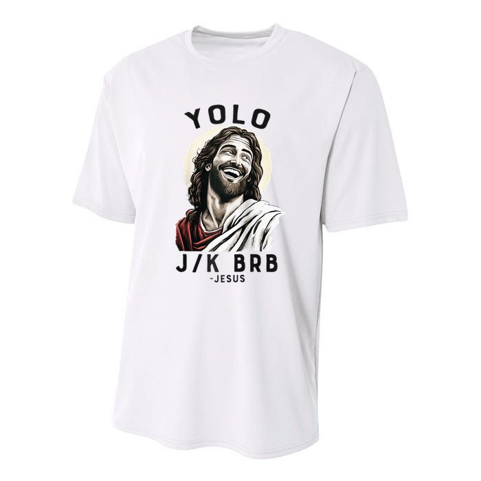 Funny Christian Easter Jesus YOLO JK BRB Raglan Youth Performance Sprint T-Shirt
