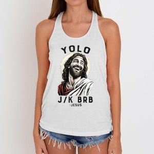 Funny Christian Easter Jesus YOLO JK BRB Raglan Women's Knotted Racerback Tank