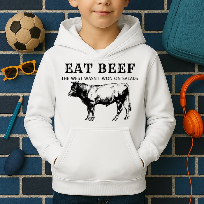 Funny Cow Eat Beef The West Wasn't Won On Salads Kids Hoodie