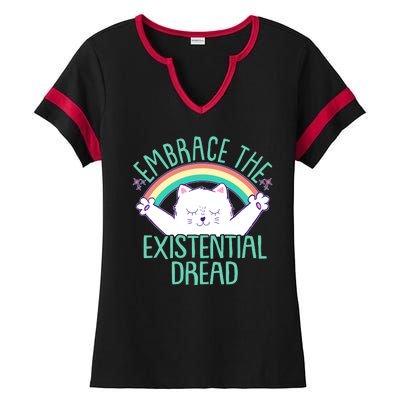 Funny Cat Embrace The Existential Dread Ladies Halftime Notch Neck Tee