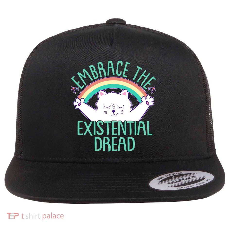 Funny Cat Embrace The Existential Dread Flat Bill Trucker Hat