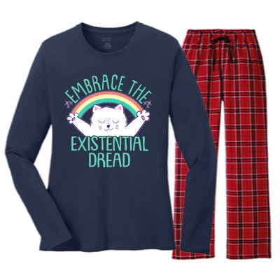 Funny Cat Embrace The Existential Dread Women's Long Sleeve Flannel Pajama Set 