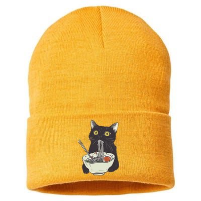 Funny Cat Eating Ramen Vintage Japanese Noodles Sustainable Knit Beanie