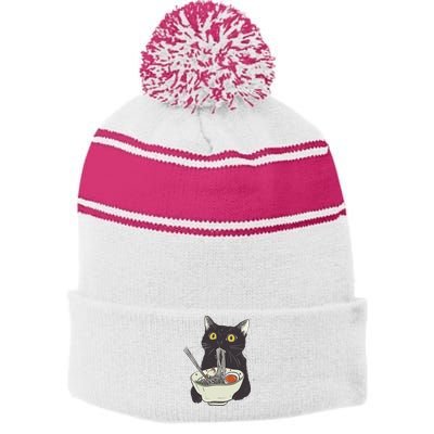 Funny Cat Eating Ramen Vintage Japanese Noodles Stripe Pom Pom Beanie