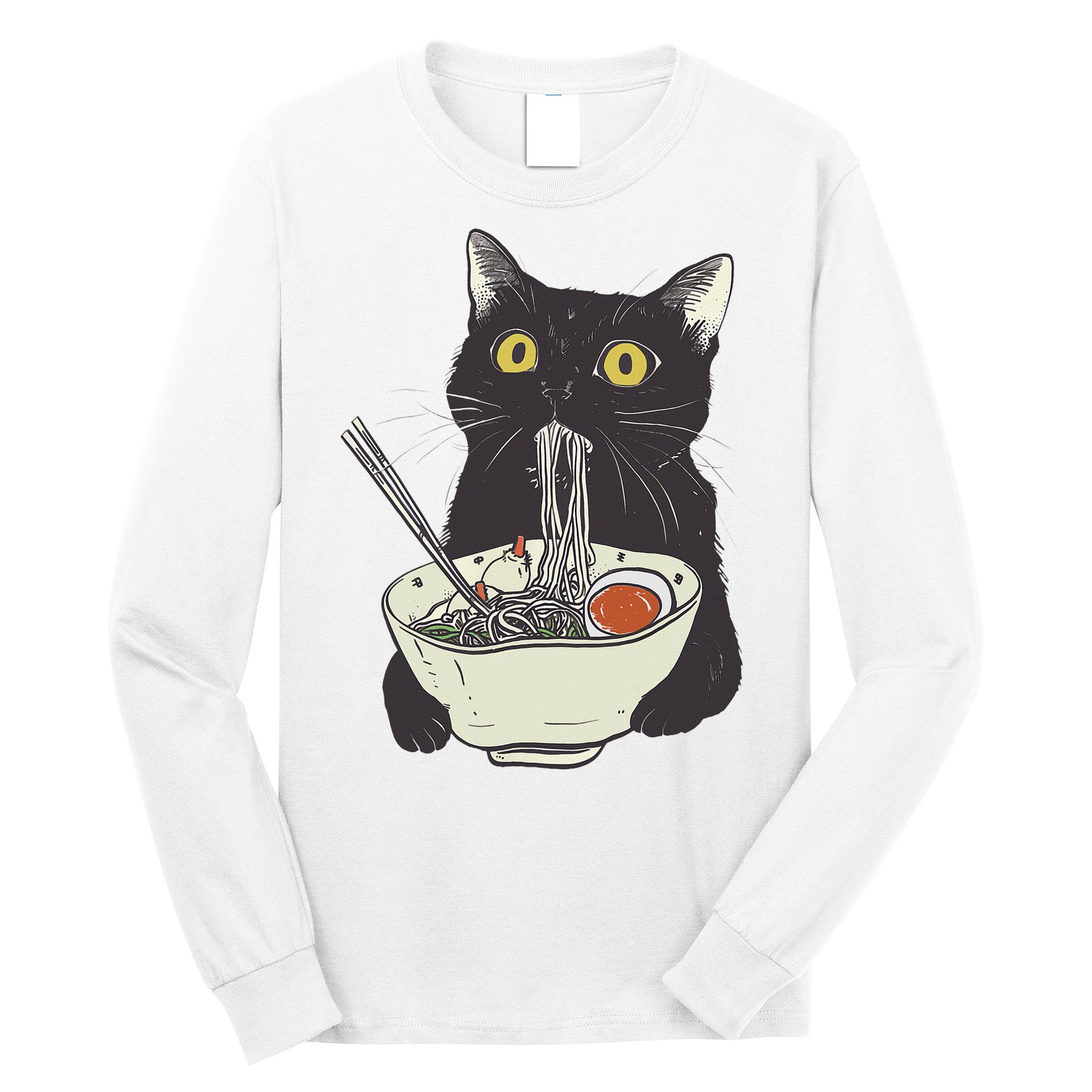 Funny Cat Eating Ramen Vintage Japanese Noodles Long Sleeve Shirt