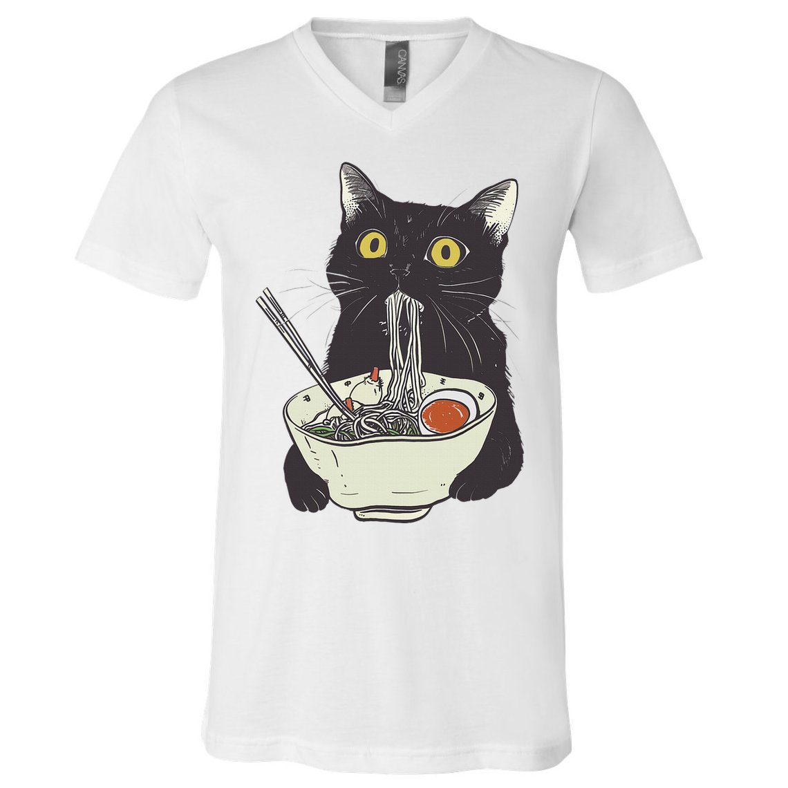 Funny Cat Eating Ramen Vintage Japanese Noodles V-Neck T-Shirt