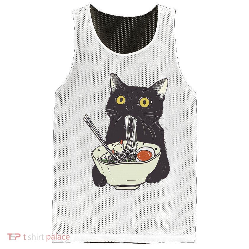 Funny Cat Eating Ramen Vintage Japanese Noodles Mesh Reversible Basketball Jersey Tank
