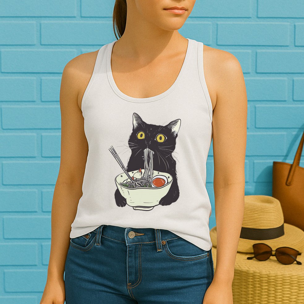 Funny Cat Eating Ramen Vintage Japanese Noodles Womens Tank Top