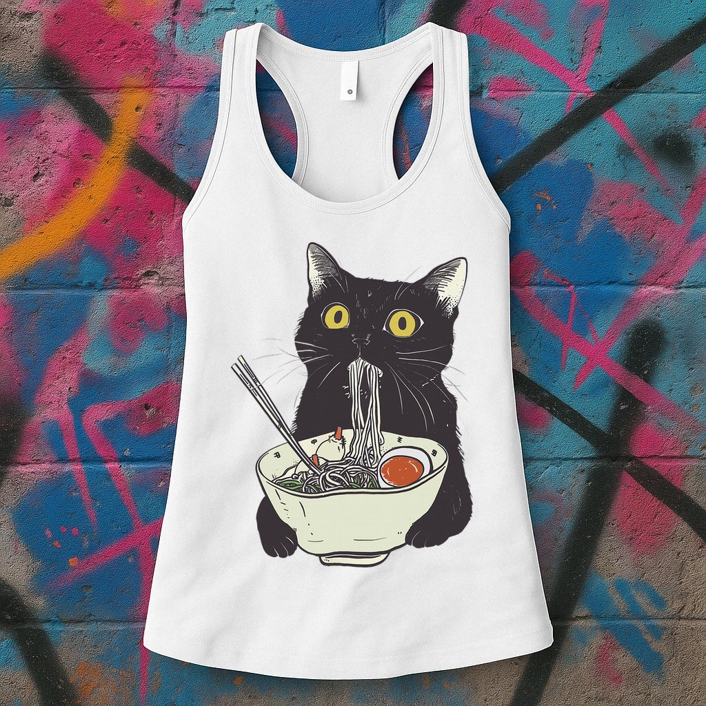 Funny Cat Eating Ramen Vintage Japanese Noodles Womens Tank Top